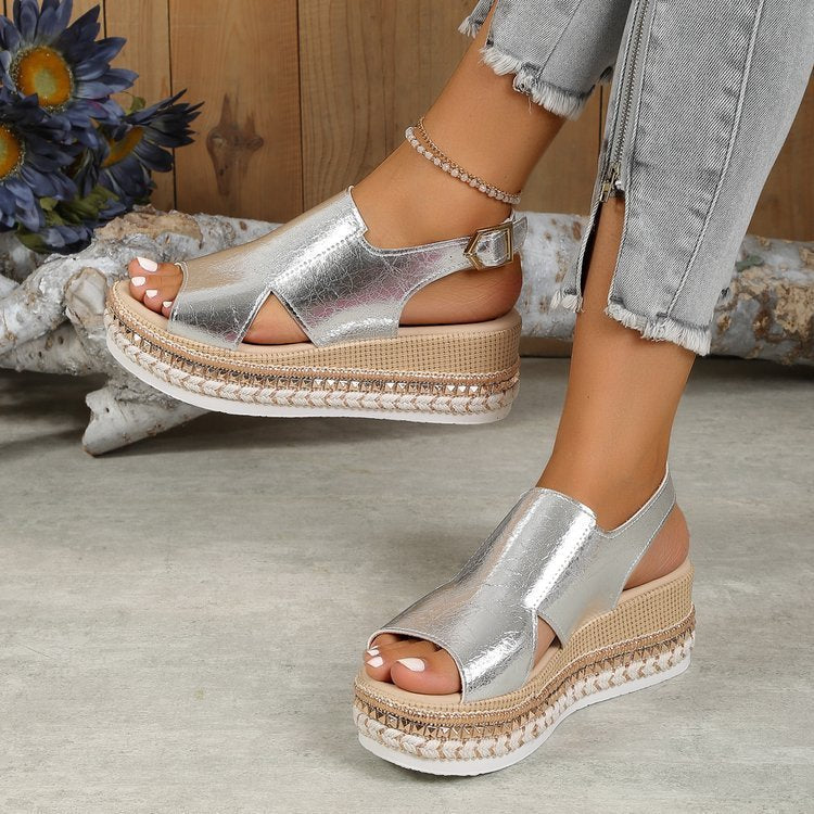 Shiny Buckle Wedge Sandals | Women's Hollow Design Fish Mouth Wedges LONDYN UPBRINGING