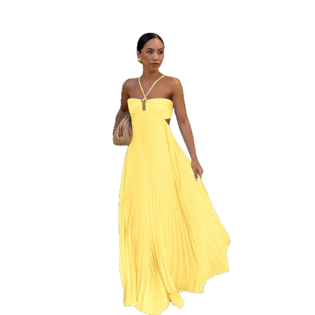 Halter Neck Pleated Midi Dress - Sleeveless Hollow-Out Evening & Club Wear LONDYN UPBRINGING
