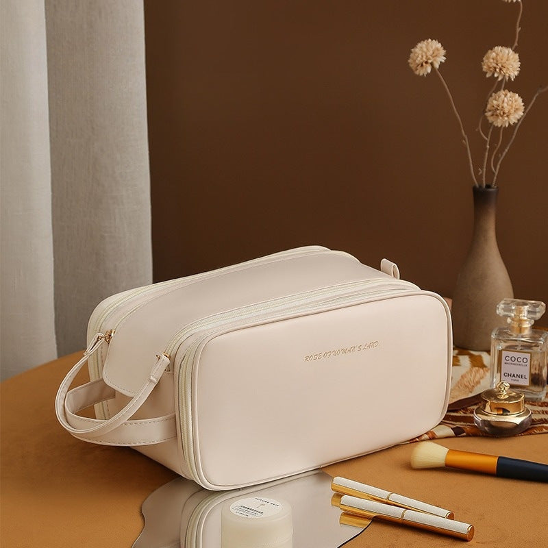 Three-Layer PU Leather Cosmetic Bag – Double Zipper U-Shaped Makeup Organizer for Travel & Skincare Storage LONDYN UPBRINGING