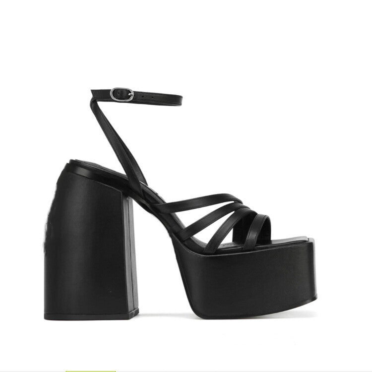Women's Square Toe Platform Chunky Sandals: Solid Color One-Band Block Heels LONDYN UPBRINGING