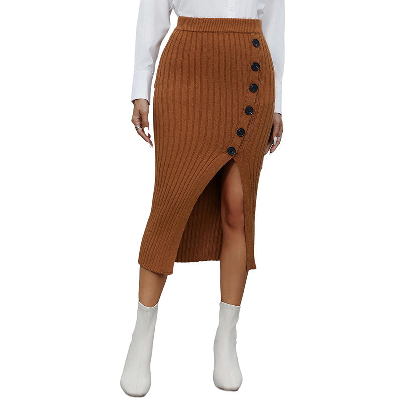 Women's Elegant Knitted Pencil Skirt - Side Button Detail, Casual Commuter Slit Midi LONDYN UPBRINGING