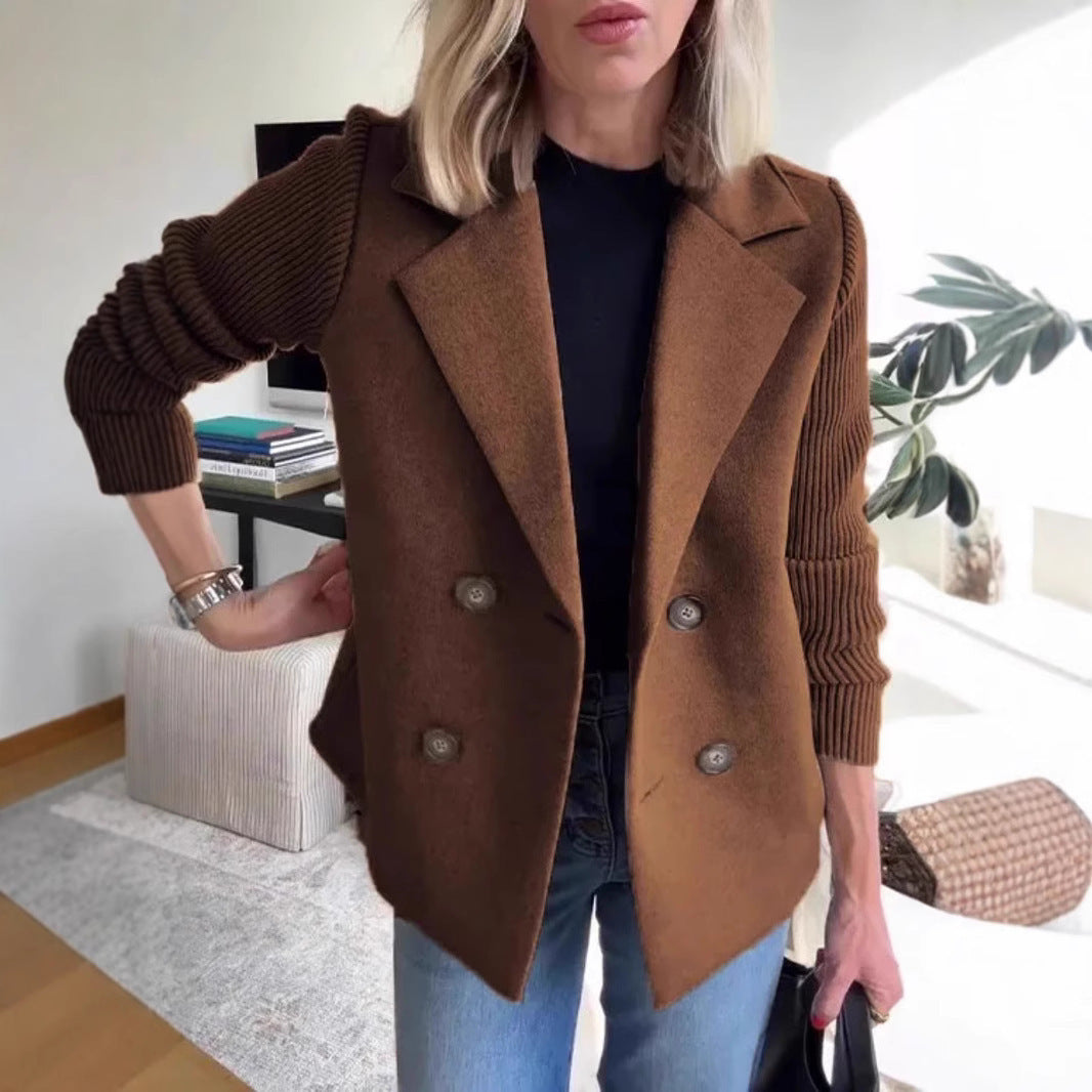 Women's Double-Breasted Lapel Coat with Knitted Sleeve Splicing: Fashion Outerwear Jacket LONDYN UPBRINGING