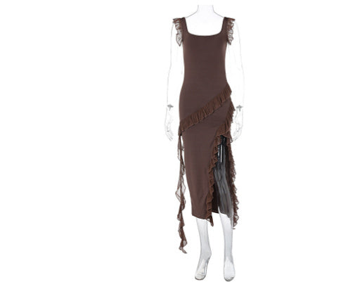 Elegant Ruffle Thigh-High Split Dress for Women | Sexy Spaghetti Strap Backless Evening Gown LONDYN UPBRINGING
