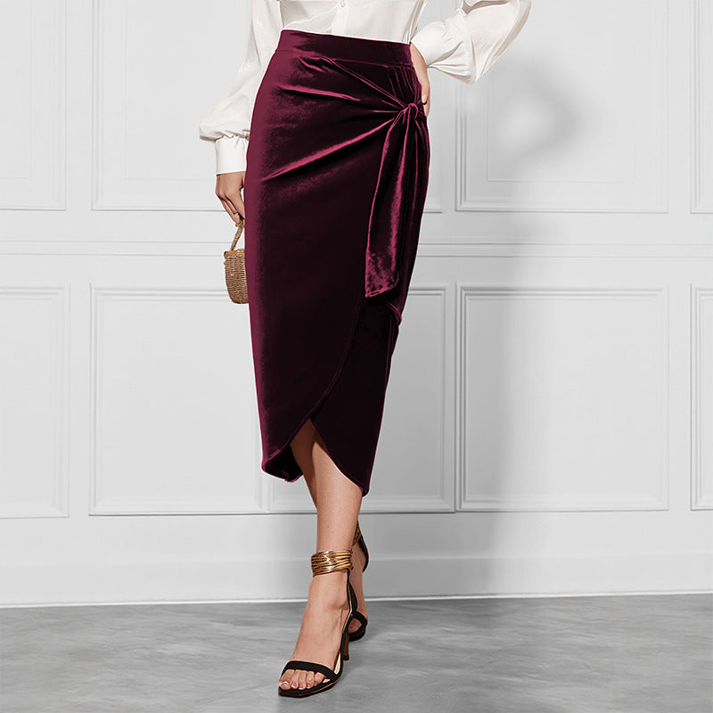 Solid Color Velvet Midi Dress - Temperament Commuter Style, Twisted Detail with Split Hem LONDYN UPBRINGING
