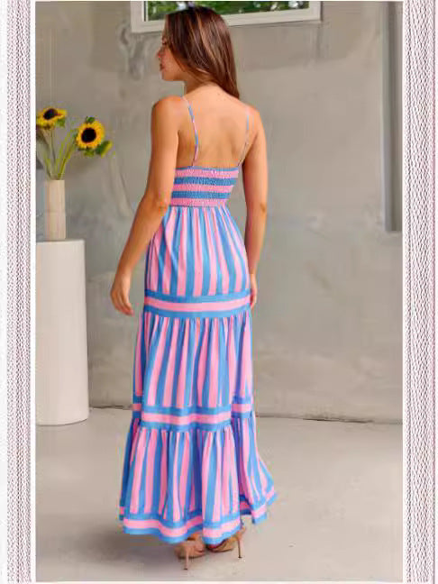 Striped Maxi Beach Dress - Square Neck Backless Suspender Dress w/ Pockets LONDYN UPBRINGING