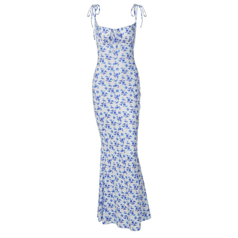 Floral Print Suspender Long Dress for Women | Slim Backless Lace-Up Summer Maxi LONDYN UPBRINGING