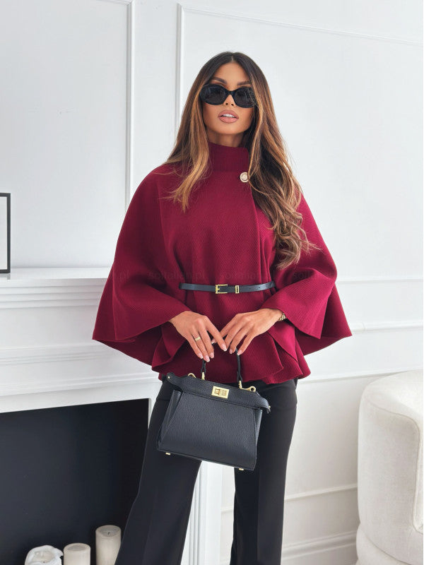 Women's Wool-Blend Cape Coat: Stand Collar Batwing Sleeves & Belted Temperament Jacket LONDYN UPBRINGING