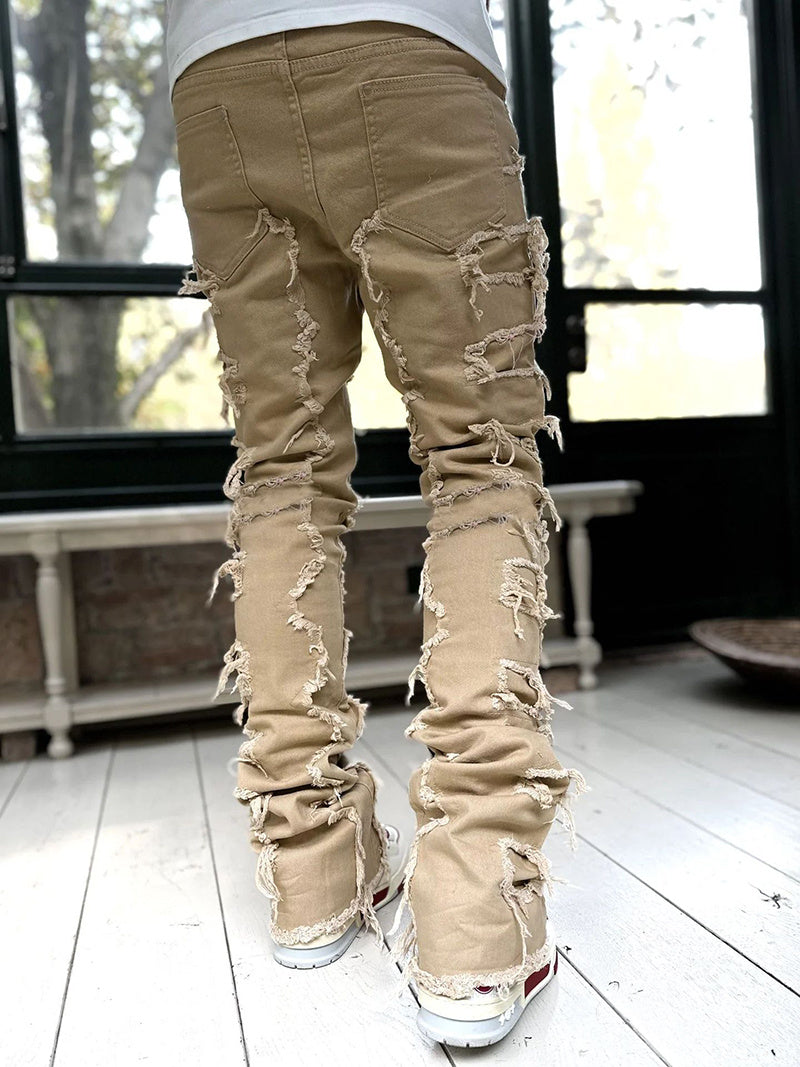 Men’s Patched Stacked Jeans – Long Tight-Fit Fashion Trousers for Trendy Streetwear Style LONDYN UPBRINGING