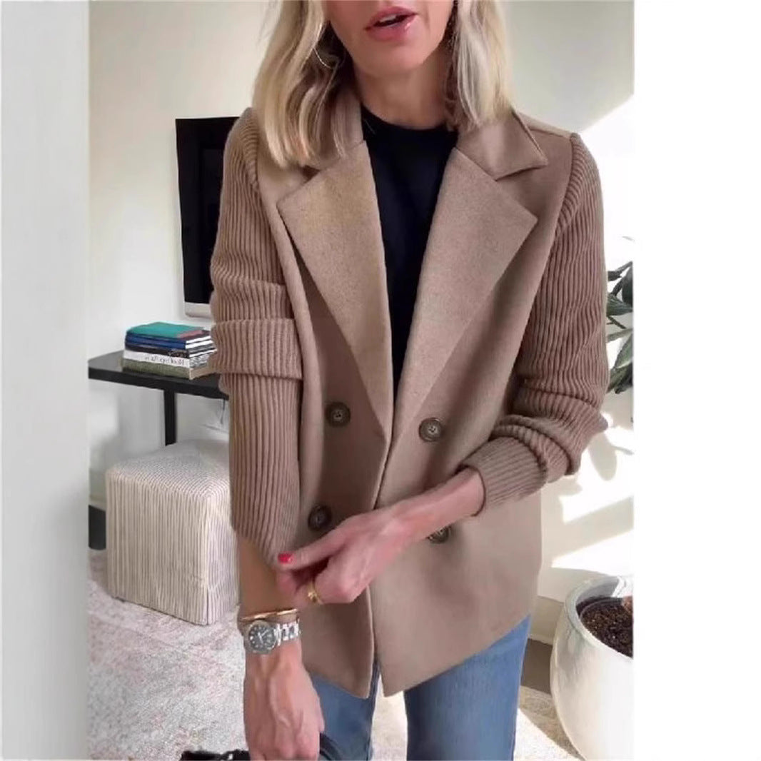 Women's Double-Breasted Lapel Coat with Knitted Sleeve Splicing: Fashion Outerwear Jacket LONDYN UPBRINGING
