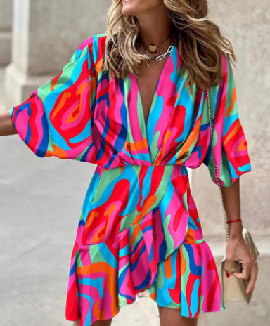 Elegant V-Neck High-Low Dress for Women | Short Sleeve Asymmetrical Hem Midi LONDYN UPBRINGING