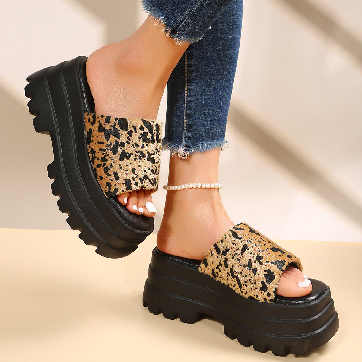 Women's Cow Print Peep Toe Slip-On Sandals: Summer Fashion Flat/Mid High Heel Mules LONDYN UPBRINGING