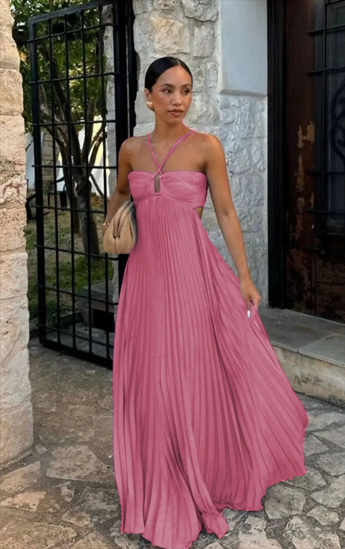 Halter Neck Pleated Midi Dress - Sleeveless Hollow-Out Evening & Club Wear LONDYN UPBRINGING