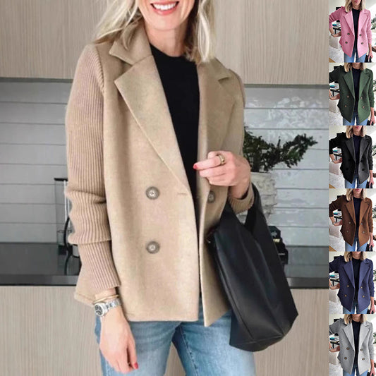 Women's Double-Breasted Lapel Coat with Knitted Sleeve Splicing: Fashion Outerwear Jacket LONDYN UPBRINGING