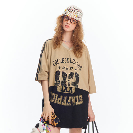 Womens Oversized Two-Tone College Graphic V-Neck T-Shirt Dress