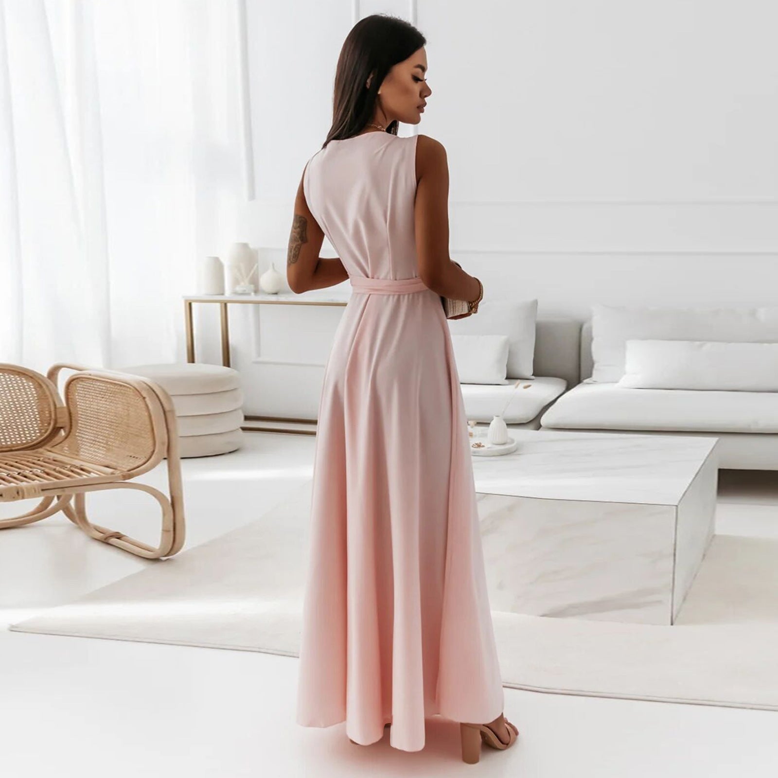 Londyn Women V-Neck Belted Maxi Dress - Sleeveless Evening & Party Wear LONDYN UPBRINGING