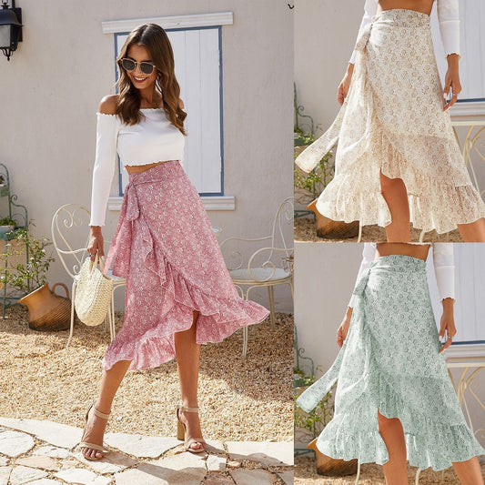 Woman Skirts High Waist Fashion Long Black Knotted Tied Wrap Floral Ruffle Chiffon A-Line Split Skirt Spring Summer Clothes LONDYN UPBRINGING