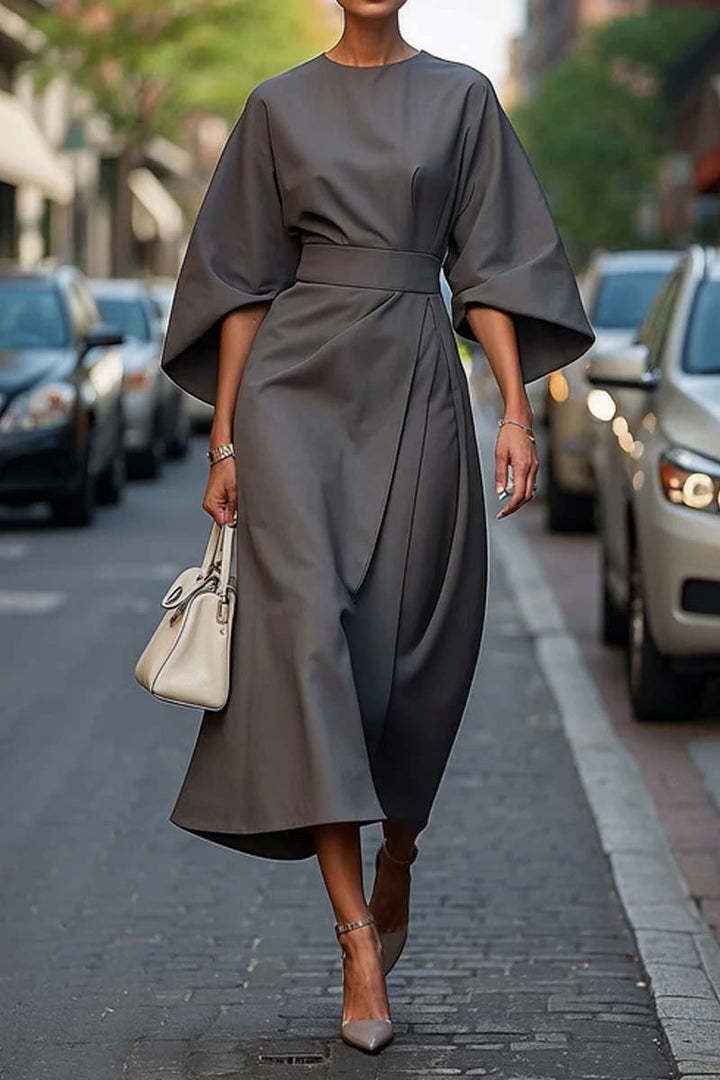 Elegant Batwing Sleeve Dress for Women | Loose Fit Solid Color Waist-Tie LONDYN UPBRINGING