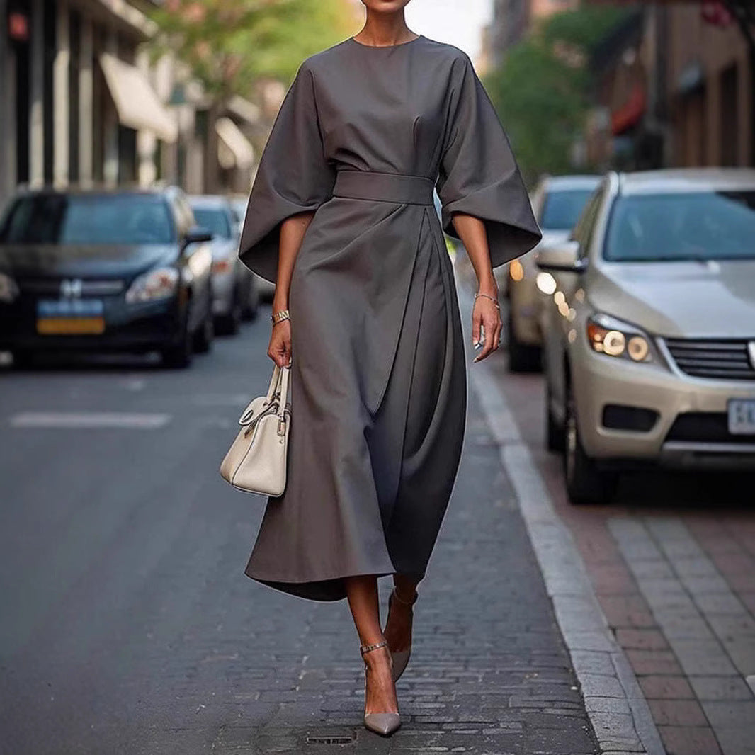 Elegant Batwing Sleeve Dress for Women | Loose Fit Solid Color Waist-Tie LONDYN UPBRINGING