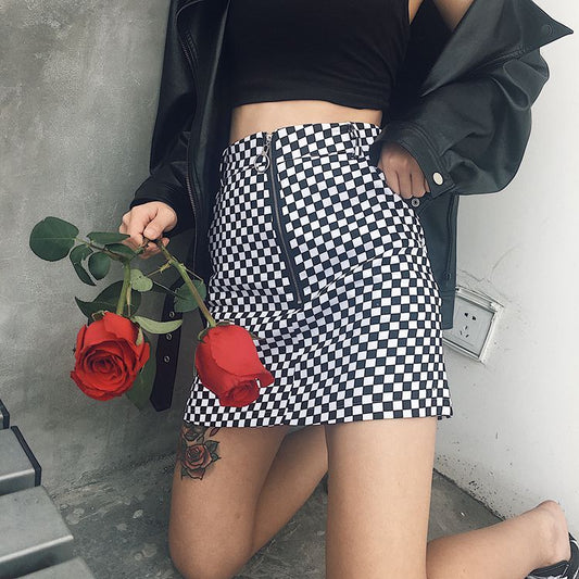 Women's Mini Skirt Black & White Checkered Skirt (Square/Dot Print) LONDYN UPBRINGING