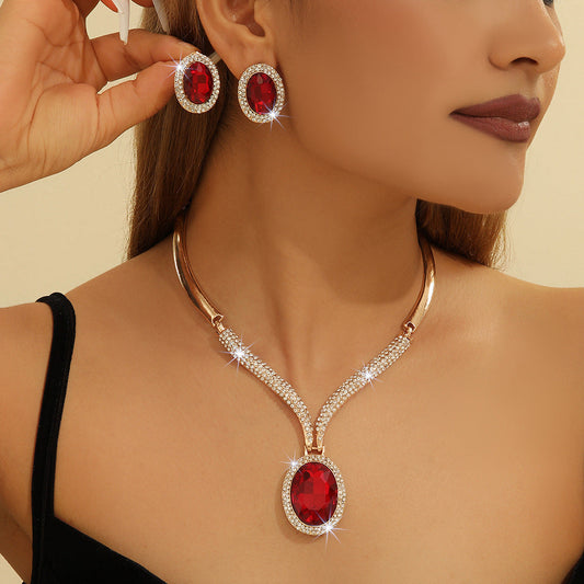 Ruby Red Crystal & Gold Rhinestone Necklace and Earrings Bridal Set LONDYN UPBRINGING