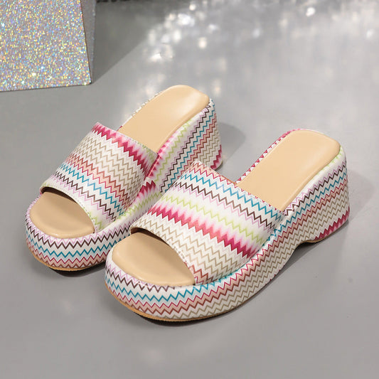 Women's Colorful Wave Print Wedge Sandals: Summer Platform Thick Bottom Slip-On Heels LONDYN UPBRINGING