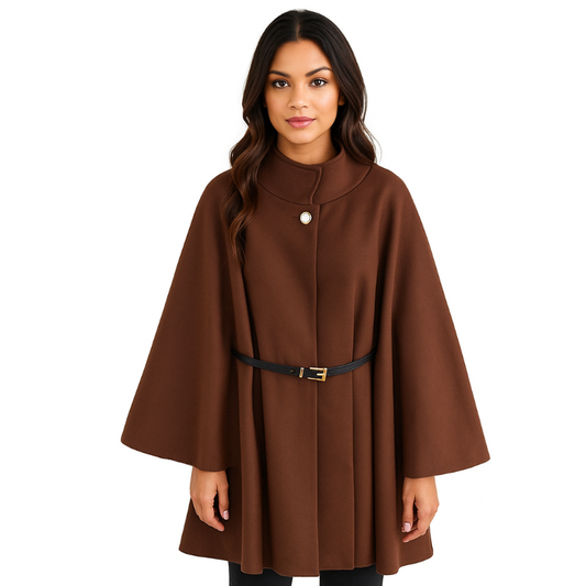 Women's Wool-Blend Cape Coat: Stand Collar Batwing Sleeves & Belted Temperament Jacket LONDYN UPBRINGING