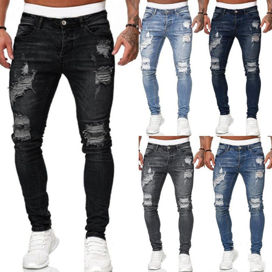 Men’s Street Style Ripped Skinny Jeans – Vintage Wash Slim Fit Denim Pants LONDYN UPBRINGING