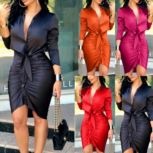 Womens Magenta Satin Ruched Bodycon Dress - V Neck Tie Waist Long Sleeve Mini Dress