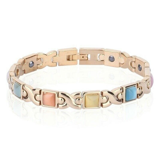 Womens Gold-Tone Magnetic Therapy Bracelet with Colorful Gemstone Inlays