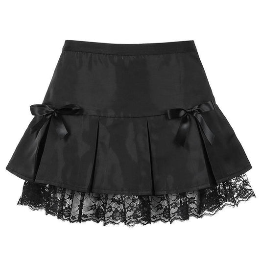 Womens Aesthetic Skirt Black Goth Pleated Skirt: Lace Trim & Ribbon Detail LONDYN UPBRINGING