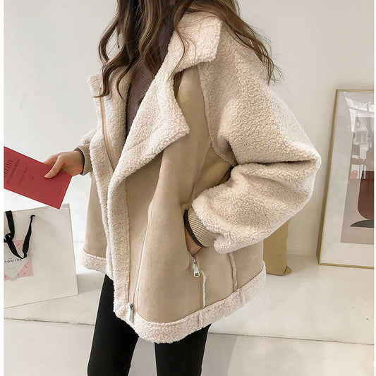 Women's Short Suede Motorcycle Jacket with Lamb Velvet Shearling Lining | Moto Biker Style LONDYN UPBRINGING