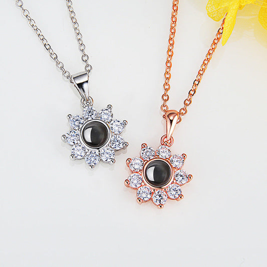 Custom Photo Name Projection Necklace Rose Gold Silver Color Clavicle Chain Personalized Sun Flower Shaped Pendant Jewelry LONDYN UPBRINGING