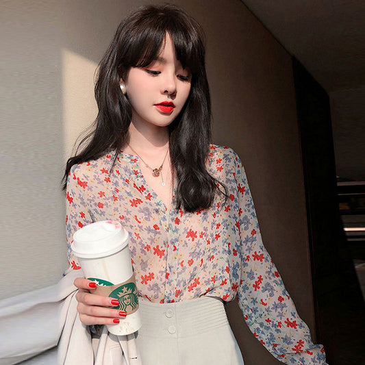 Womens Long Sleeve Floral V-Neck Blouse | Chiffon Printed Shirt Top