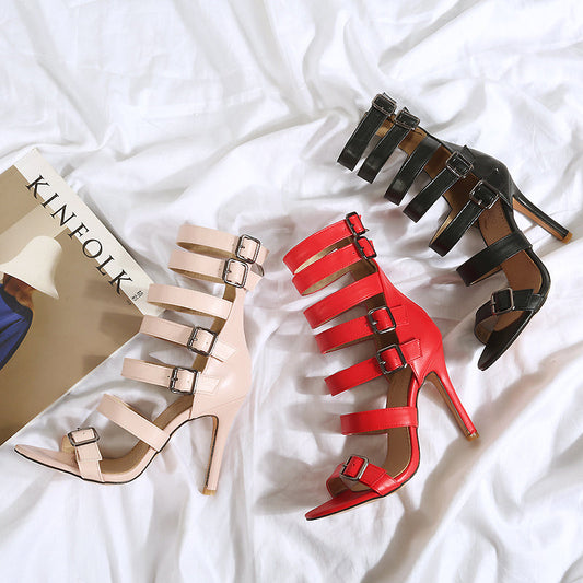 Women's British Style High Tube Sandals: Sexy Roman Gladiator Belt Buckle Stiletto Boots LONDYN UPBRINGING
