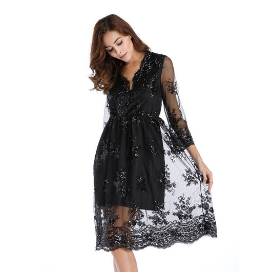 Womens Black Sequin Embroidery Mesh Overlay Midi Dress - V-Neck Long Sleeve Party