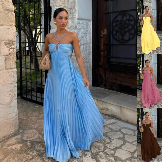 Halter Neck Pleated Midi Dress - Sleeveless Hollow-Out Evening & Club Wear LONDYN UPBRINGING