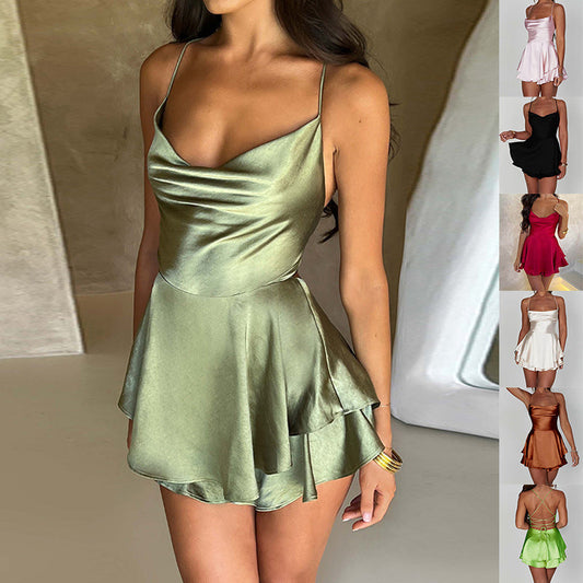 Sexy Suspender Satin Dress for Women | Elegant Slim Strap Backless Lace-Up A-Line LONDYN UPBRINGING