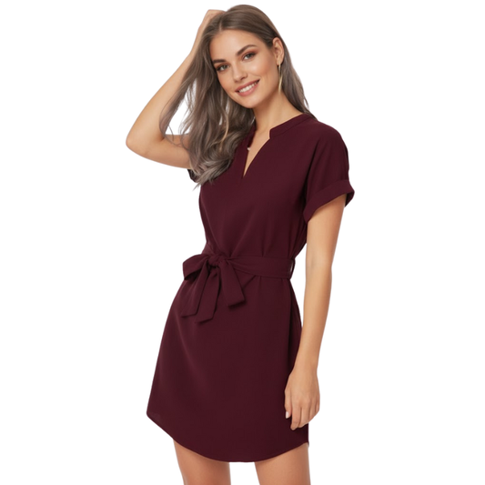 Summer V-Neck Short Sleeve Dress with Belt | Women’s A-Line Bowknot Waist Casual Beach Dress LONDYN UPBRINGING