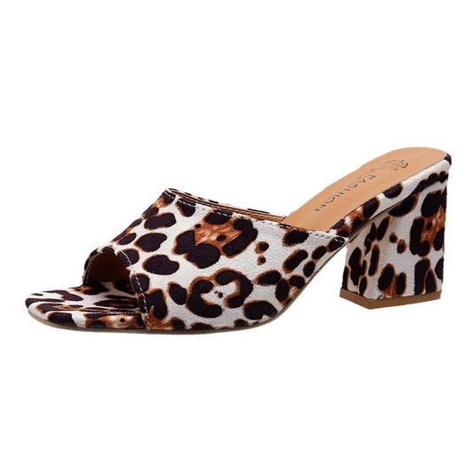 Leopard Chunky Heel Sandals | Women's Square Toe Slides LONDYN UPBRINGING