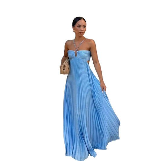 Halter Neck Pleated Midi Dress - Sleeveless Hollow-Out Evening & Club Wear LONDYN UPBRINGING