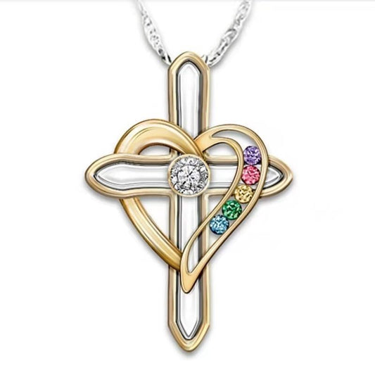 Cross Love Pendant Necklace with Colorful Faux Gemstones | Trendy Alloy Clavicle Chain for Women LONDYN UPBRINGING