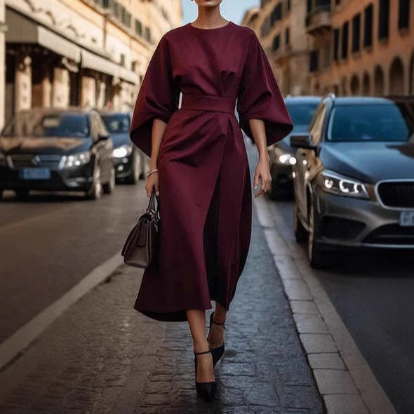 Elegant Batwing Sleeve Dress for Women | Loose Fit Solid Color Waist-Tie LONDYN UPBRINGING