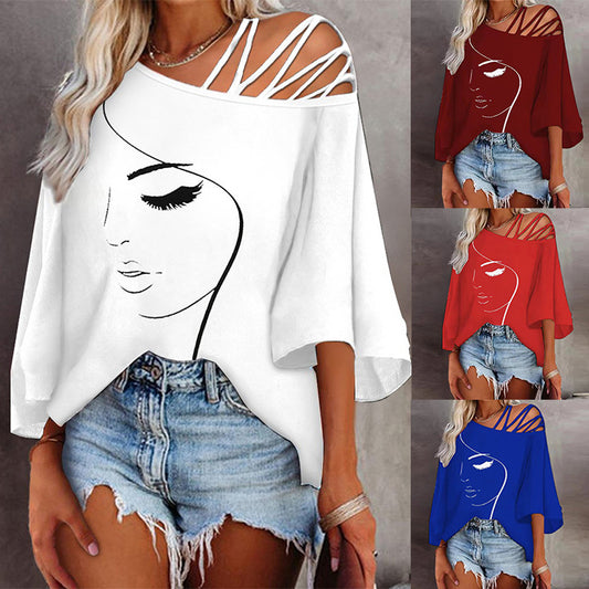 Womens Abstract Face Graphic Off Shoulder Top - Crisscross Strap Maroon Casual Blouse