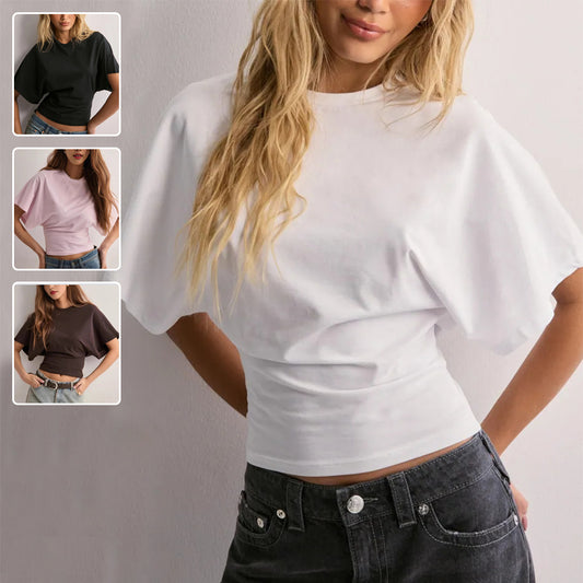 Womens Chocolate Brown Dolman Sleeve Cropped Top - Fitted Waist Batwing Tee