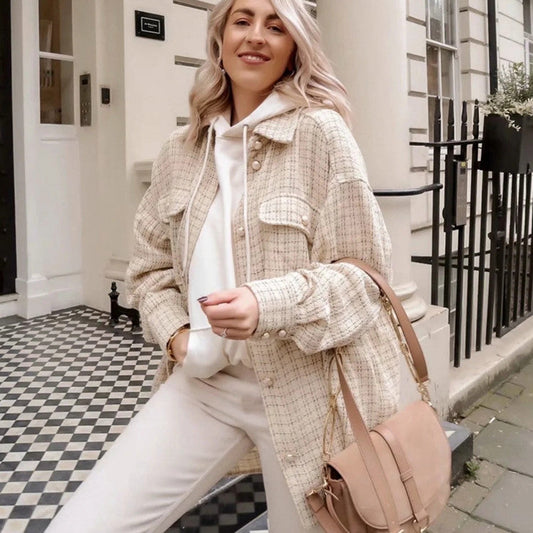 Women's Elegant Plaid Pattern Thick Coat - Pearl Button Autumn/Winter Jacket LONDYN UPBRINGING