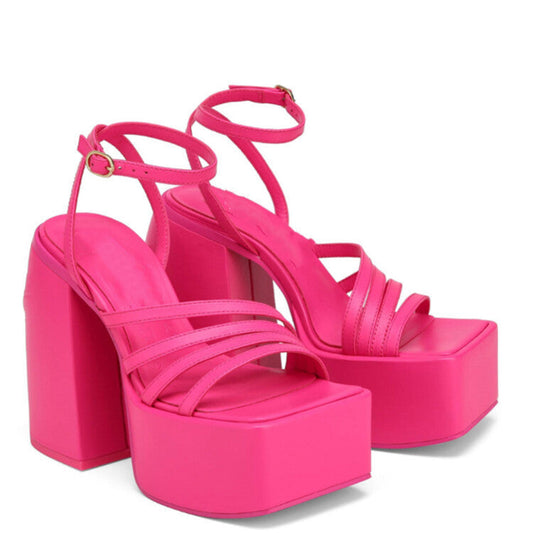Women's Square Toe Platform Chunky Sandals: Solid Color One-Band Block Heels LONDYN UPBRINGING