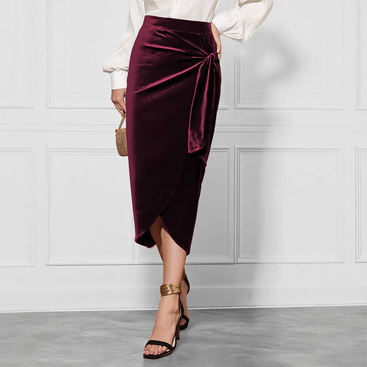 Solid Color Velvet Midi Dress - Temperament Commuter Style, Twisted Detail with Split Hem LONDYN UPBRINGING