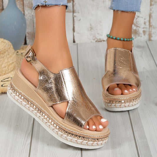 Shiny Buckle Wedge Sandals | Women's Hollow Design Fish Mouth Wedges LONDYN UPBRINGING
