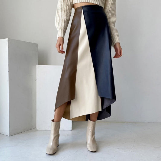 French Chic Retro Multi-Color Mosaic Faux Leather Skirt - Temperament, High-Waist A-Line LONDYN UPBRINGING