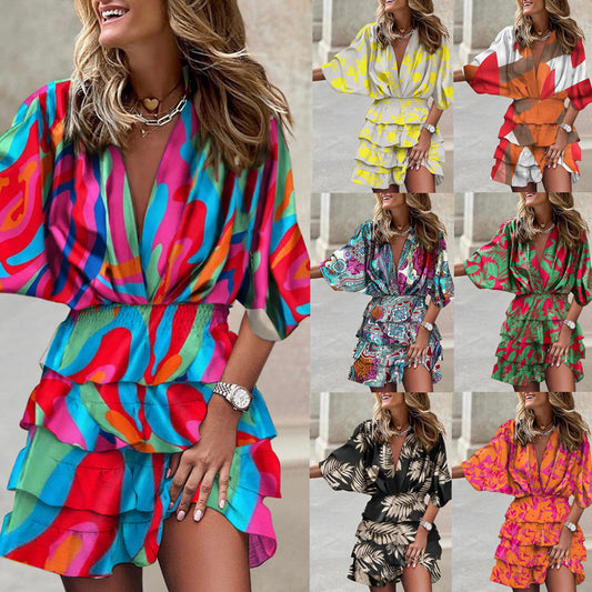 Elegant V-Neck High-Low Dress for Women | Short Sleeve Asymmetrical Hem Midi LONDYN UPBRINGING